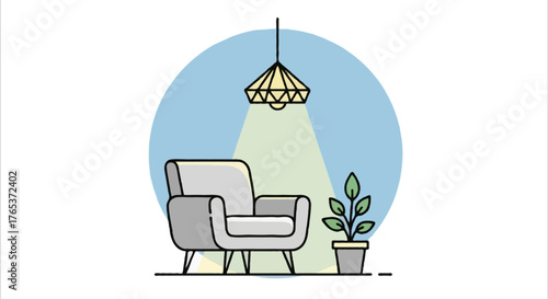 Flat vector illustration of a cozy living room scene with a modern armchair, a hanging lamp with warm light, and a small potted plant beside it