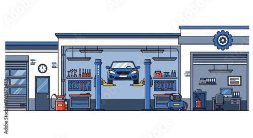 Flat illustration of car maintenance shop with car lift visible inside, garage tools around, big gear logo on roof
