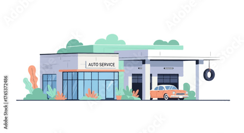 Modern flat vector of car service station exterior, parked vehicle, plants around building