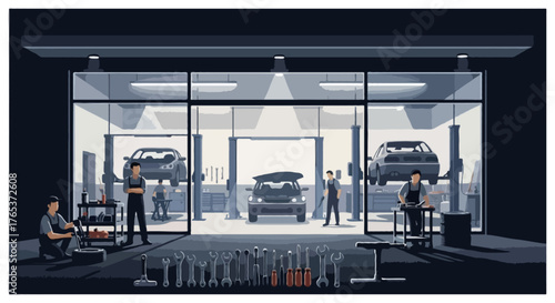 Flat vector illustration of an auto service garage at night, with glowing lights inside the building, red car visible through open garage door, lamp posts illuminating the scene