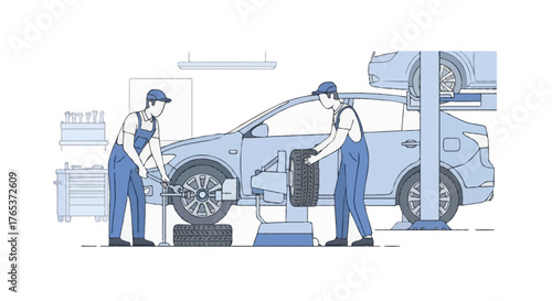 Flat vector illustration of faceless mechanics changing car tires in a workshop, one worker using wrench, another checking wheel balance