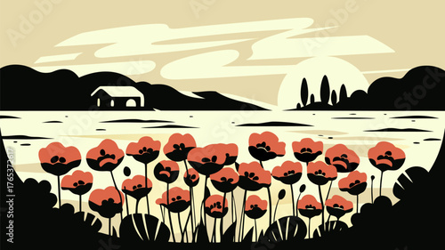 Idyllic Poppy Field at Sunset in Rural Summer Countryside