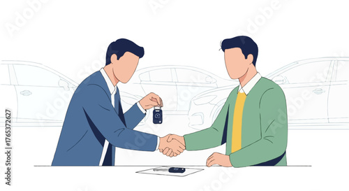 Flat vector illustration of faceless people shaking hands after buying a car, with car keys and vehicles in the background