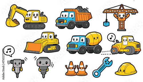 Cute Kawaii Cartoon Construction Vehicles and Machinery Icon Set