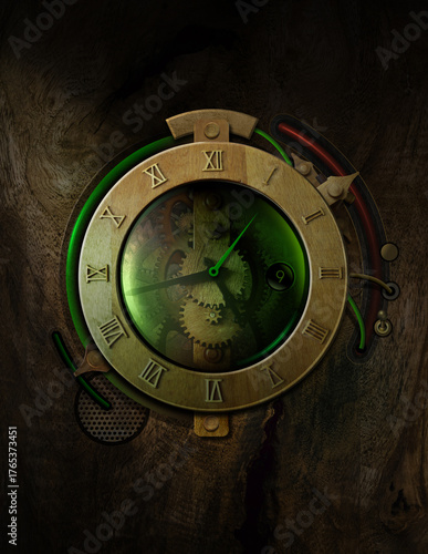 Steampunk fantasy old clock control panel mechanical device on dark atmospheric background
