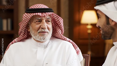 Two men in traditional Arabian attire engaged in conversation indoors, with warm lighting