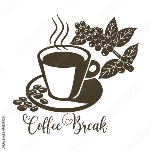 Cup of coffee with branches and coffee beans.