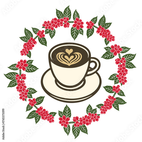 Cup of coffee with branches and coffee beans.