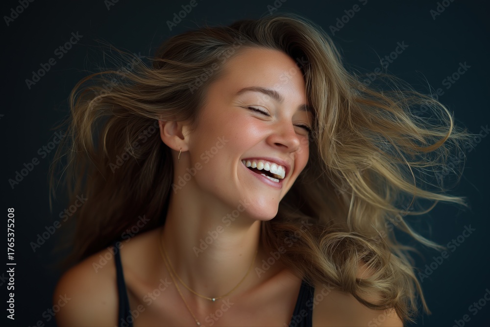Fototapeta premium Young caucasian female joyful expression with windswept hair
