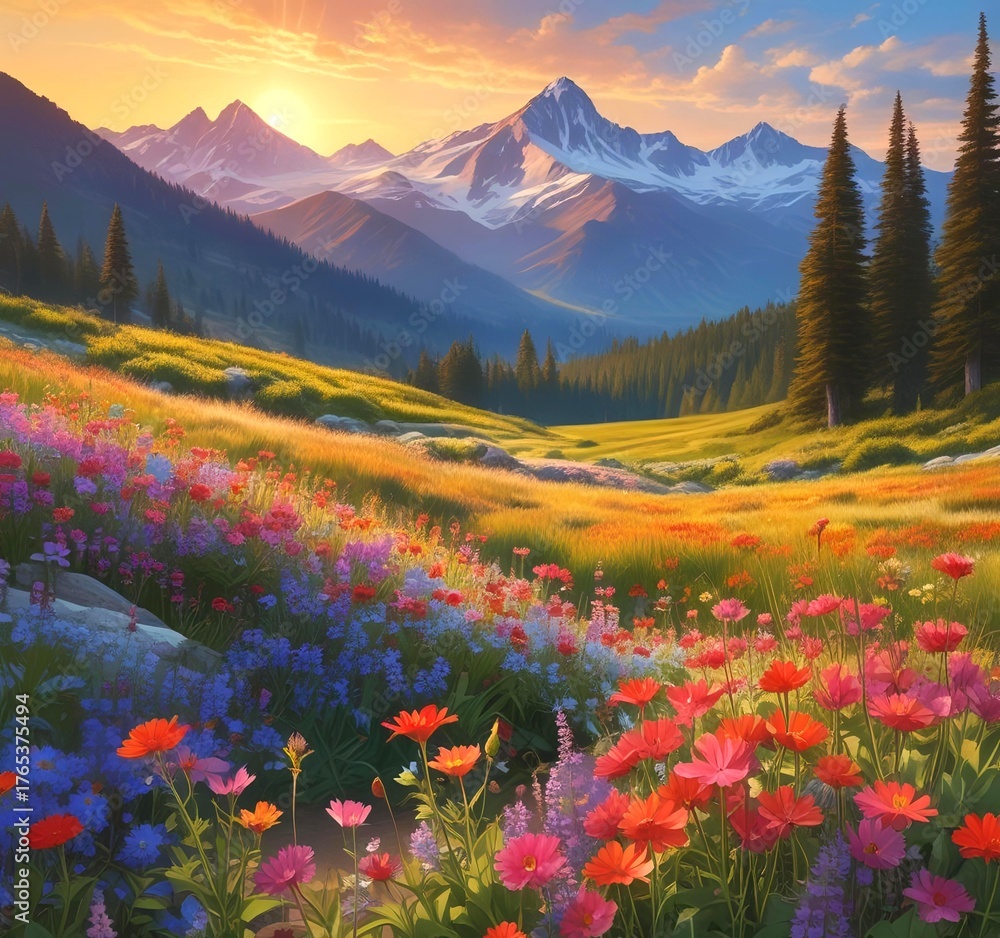 Fototapeta premium Colorful wildflowers in the foreground with majestic mountain peaks