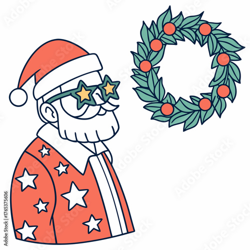 Illustration of santa claus with star shaped glasses and a wreath of leaves and berries nearby