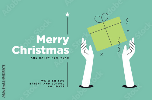 Joyful holiday season greeting card illustration depicting hands exchanging a festive gift, symbolizing generosity and new year celebrations in a modern abstract style