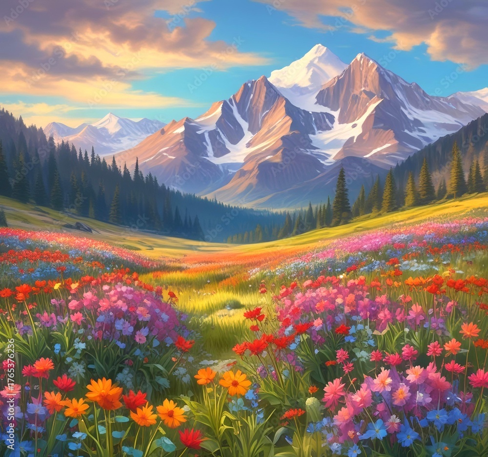 Fototapeta premium Colorful wildflowers in the foreground with majestic mountain peaks