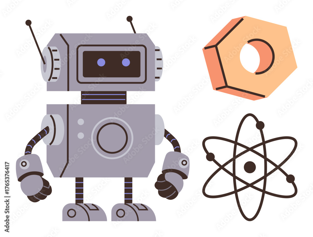 Fototapeta premium Friendly robot with antennas, nut-shaped gear, and atomic structure. Ideal for AI, robotics, technology, innovation, mechanics physics STEM education. Simple flat metaphor
