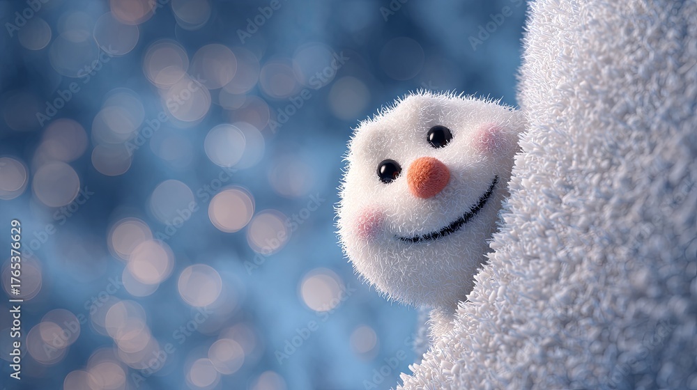 Obraz premium A snowman peeks out from behind the wall, creating a cheerful New Year's atmosphere.