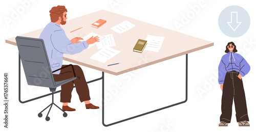 Man focused on papers at a large desk with scattered documents and books. Nearby, a casually dressed woman stands beside a down arrow. Ideal for teamwork, project planning, instruction