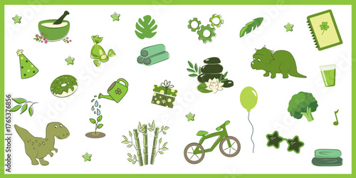 Green nature-inspired vector set with eco lifestyle and botanical elements	
