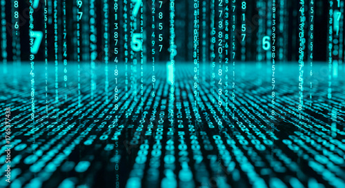 Obraz na płótnie Abstract technology background with falling teal numbers and binary code for concept of big data, matrix, hacking, or computer science