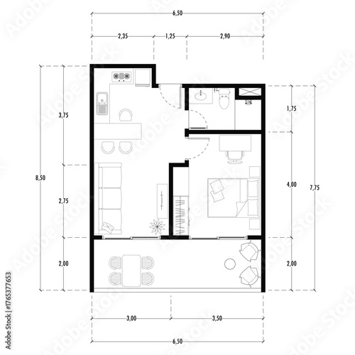 Black and White floor plan of a modern unfurnished house for your design. Suburban house vector blueprint. Architectural background.
