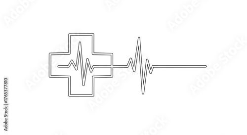 Heartbeat and medical cross symbolizing World Health Day, global healthcare, and life support. Line art vector illustration, isolated on a transparent background