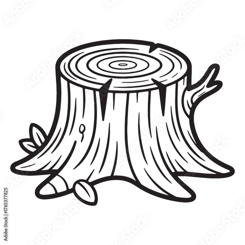 Detailed tree stump illustration in black and white drawing style