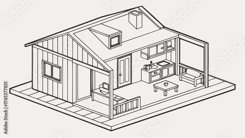 Modern Isometric Line Art Home Design: Detailed Cutaway of a Minimalist Small House Interior with Living Room and Kitchen