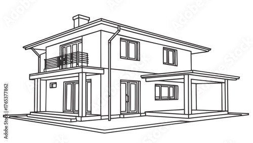 Modern Two-Story Residential House Architectural Line Drawing Outline on White Background for Home Design and Construction Concepts