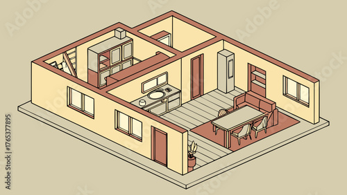 Isometric House Floor Plan Illustration with Open Concept Kitchen and Dining Room. Detailed Architectural Residential Interior Layout Vector Design.