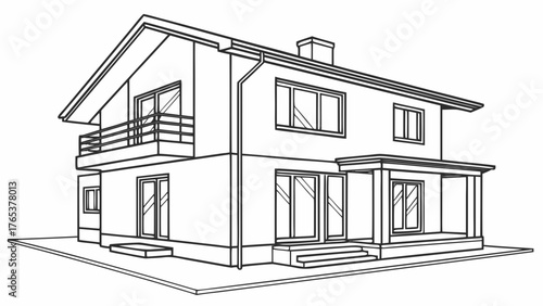 Architectural Line Drawing of a Modern Two-Story Family House with Balcony and Porch on White Background