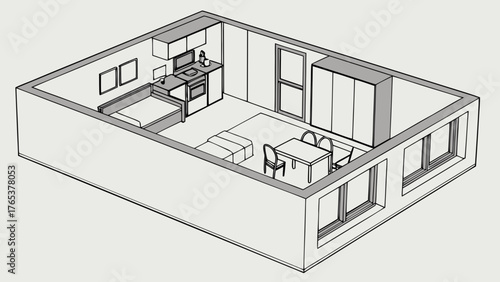 Isometric 3D Render of a Compact Studio Apartment Interior Layout with Kitchen, Bed, and Dining Area