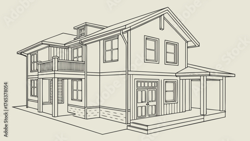 Architectural Line Drawing of a Two-Story Residential House in Perspective View, Featuring a Balcony, Gabled Roof, and Front Porch Design