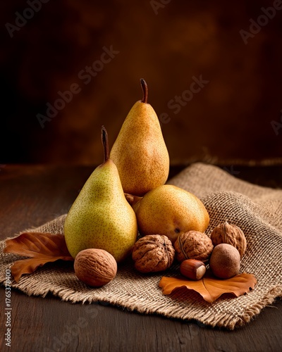 Three ripe pears with assorted nuts on a rustic cloth, creating an autumnal display.