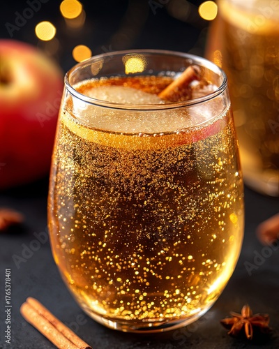 Sparkling apple cider with cinnamon stick, perfect for autumn celebrations.