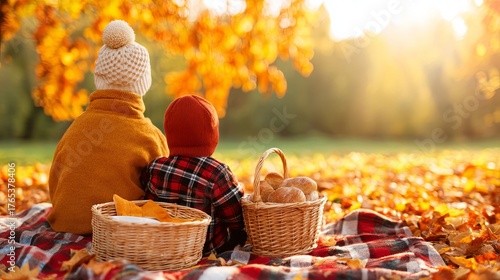 Two children enjoying an autumn picnic surrounded by vibrant fall foliage.