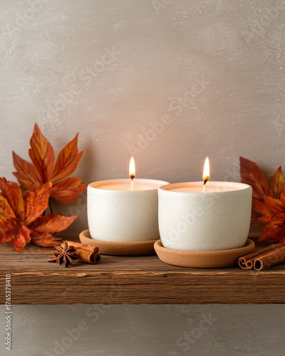 Two cozy candles on a wooden shelf with autumn leaves and cinnamon sticks.