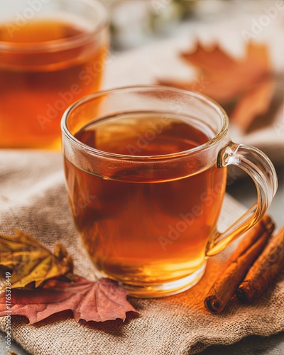 Warm, aromatic herbal tea served in a cozy setting with autumn leaves.