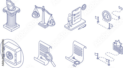 Isometric Line Art Law, Justice, Contract, and Business Security Icon Set