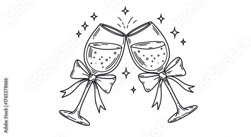 Two sparkling wine glasses with ribbons symbolizing New Year celebration, holidays, and festive toasts. Line art vector illustration, isolated on a transparent background