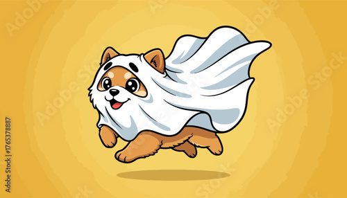 Cute Shiba Inu Dog Wearing Ghost Costume Running