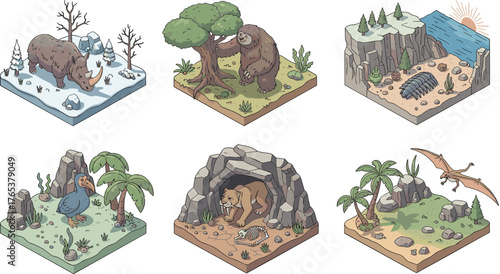 Isometric Hand-Drawn Prehistoric Extinct Animals and Paleontology Scenes