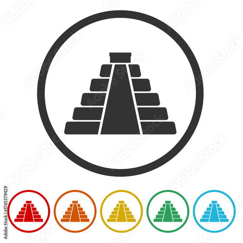 Aztec pyramid icon. Set icons in color circle buttons