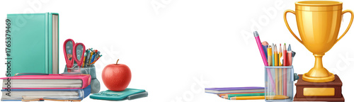 school supplies and golden trophy on white clip art preview