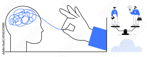 Hand untangling brain confusion with figures balanced on scales exchanging ideas. Ideal for mental clarity, problem-solving, creativity, decision-making, teamwork, innovation, and balance concepts