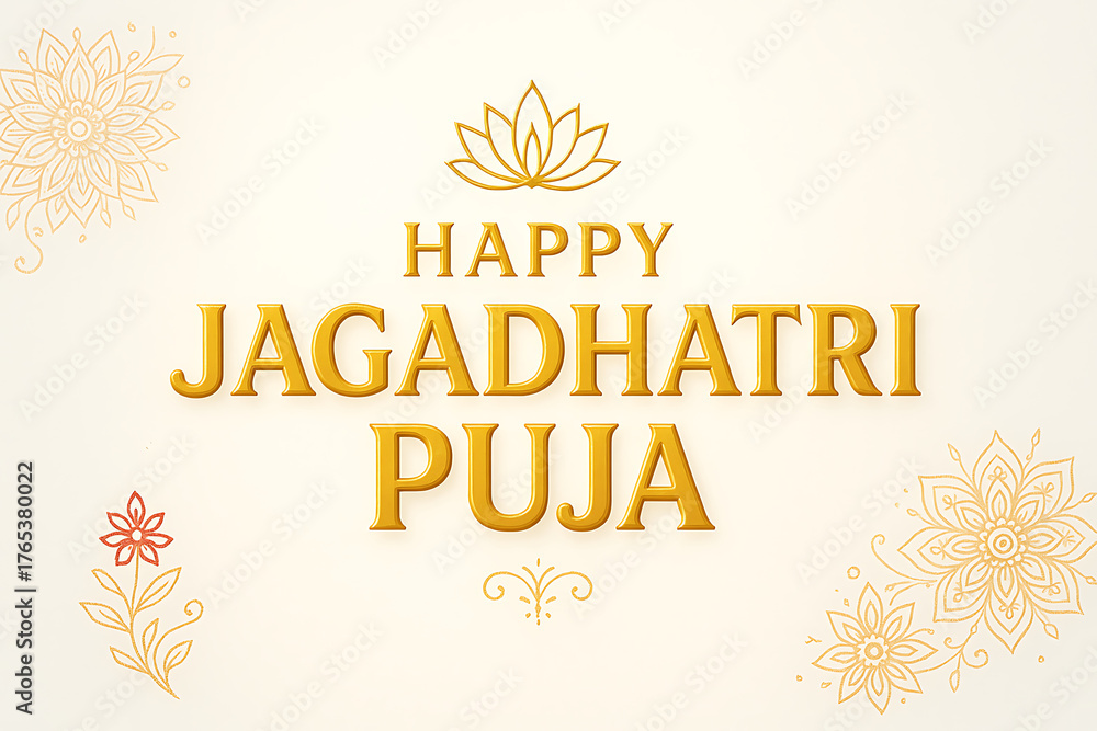 Obraz premium Elegant happy jagadhatri puja greeting text in embossed gold on a white background with subtle lotus and mandala design elements