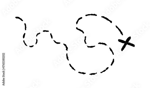 Old pirate treasure map. Dashed line and X sign on map. Path to treasure and gold location. Old pirate letter. Vector illustration isolated on white background.