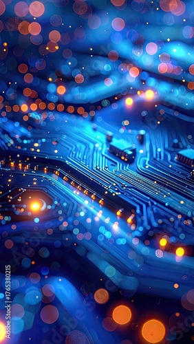 Wallpaper Mural Circuit board bokeh blue paths, orange glows, depth blur Torontodigital.ca