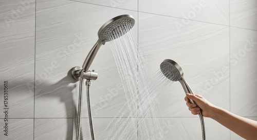 Modern dual showerhead system with handheld attachment in bathroom setting