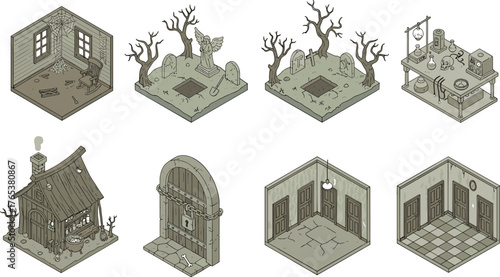 Isometric Pixel Art Haunted House and Spooky Cemetery Scene Set