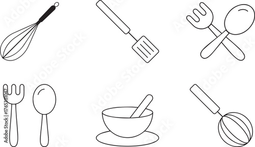 kitchenware, cooking tools, minimalist line art illustration, blue outline, simple sketch style