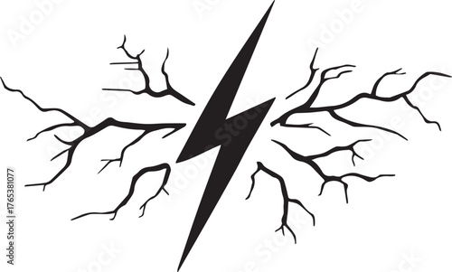 Abstract black lightning bolt emanating jagged energy and cracks